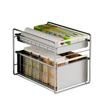 Imagem de Organizador de armário de aço inoxidável de 2 camadas, escorregadores macios de amortecimento, cesta de arame cromado resistente com forro de prateleira para armários de cozinha, armazenamento sob a