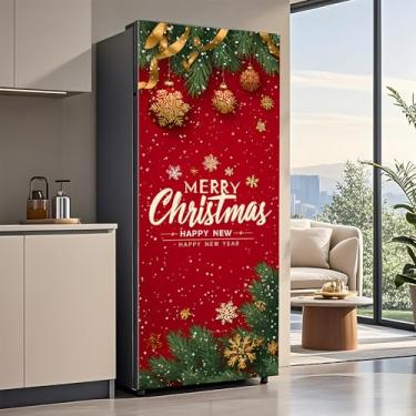 Imagem de Adesivo de envoltório de geladeira com tema de Natal, decalque festivo removível descascar e colar, design vermelho da sorte e dourado para decoração de casa alegre (JC0053-1M)