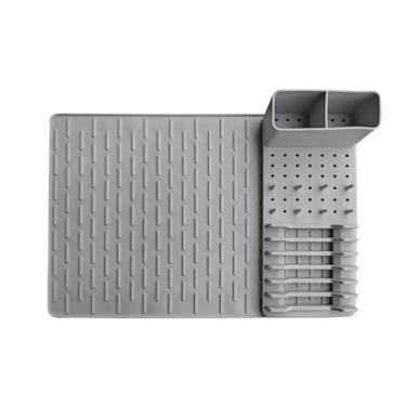 Imagem de Escorredor multifuncional para utensílios de mesa. Possui um design dobrável com tapete de silicone e suporte de secagem de louça. Serve para gavetas/armários/bancadas. Rack de armazenamento de