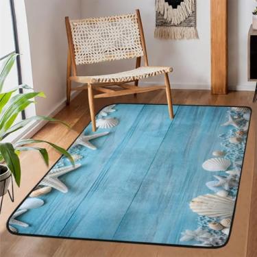 Imagem de Tapete de área para sala de estar, lavável à máquina, estrela-do-mar, conchas de madeira, antiderrapante, tapete macio, para sala de estar, quarto, sala de jantar, berçário, cozinha, decoração de casa