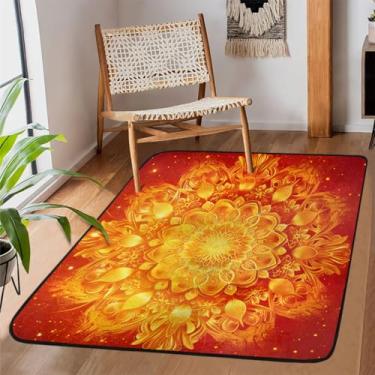 Imagem de Tapete para sala de estar, lavável à máquina, estilo mandala, laranja, étnico, antiderrapante, tapete macio, para sala de estar, quarto, sala de jantar, berçário, cozinha, decoração de casa