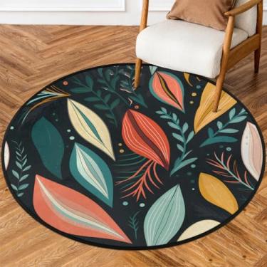 Imagem de Tapete redondo de 1,8 m com folhas coloridas, vintage, macio, círculo, tapete de porta, antiderrapante, lavável, tapete circular para interior, quarto, berçário, sala de estar, cozinha, banheiro