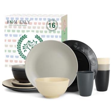 Imagem de Homienly Conjunto de louça de palha de trigo - pratos de jantar, tigelas de cereal, conjunto de copos de bebida, conjunto de pratos inquebráveis, 16 peças, pratos seguros para micro-ondas e