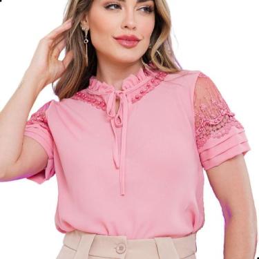 Imagem de Blusa Social Evangélica Feminina Guipir Renda Gola Pérolas - Look Moda