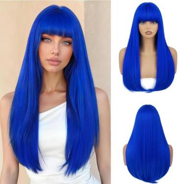 Imagem de Perucas azuis safira com franja longa reta azul escuro perucas para mulheres cabelo sintético resistente ao calor para meninas cosplay festa Halloween uso diário 55 cm