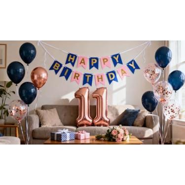 Imagem de JumDaQQ Decorações Para Festa De 11º Aniversário, Azul-Marinho, Rosa E Dourado Meninos Meninas, Faixa Número 11, Balões Metalizados, Látex, Confete, Ela, Ele, A Filha O Filho, Anos Idade (11º Ano)