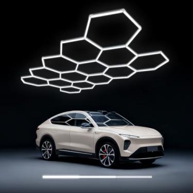 Imagem de cezelux Luzes De Garagem Led Hexagonais Reguláveis, 3 Níveis, 57 Pacotes, 456 W, 14 Luzes Led Hexagonais Em Formato De Favo De Mel Para Garagem, Academia, Porão, Armazém, Loja De Beleza, Salão De Be