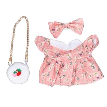 Imagem de Conjunto de roupas de boneca de pelúcia adorável e elegante com gravata borboleta e bolsa de morango para bonecos de pelúcia macios de 20 cm e 8 polegadas, presente perfeito para