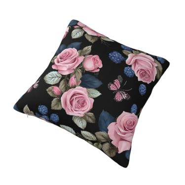 Imagem de Almofada quadrada decorativa com estampa de rosa preta preta - Design reversível, zíper oculto, poliéster macio para sofá, cama e carro - Hipoalergênico 56 x 56 cm