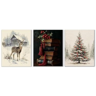 Imagem de Noaleviax Conjunto de pôster de parede de Natal vintage - decoração de parede retrô com tema natalino de Natal, imagens rústicas de rena Navidad para quarto, sala de aula, dormitório, decoração de