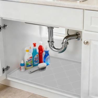 Imagem de J1YL2C Forro de pia de silicone espesso de 63,5 cm x 48 cm – Bordas elevadas para contenção de vazamentos, protetor de armário antiderrapante, impermeável, resistente ao calor, multiuso em cozinha e