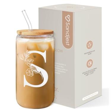 Imagem de SANDJEST Presentes com monograma para mulheres - Monograma S copo de vidro inicial 473 ml lata xícaras de café com tampa e canudo - monograma iniciais presentes para mulheres no aniversário