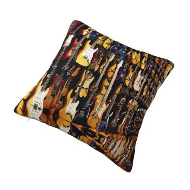 Imagem de Almofada quadrada decorativa com estampa de guitarra musical - Design reversível, zíper oculto, poliéster macio para sofá, cama e carro - Hipoalergênico 61 cm x 61 cm