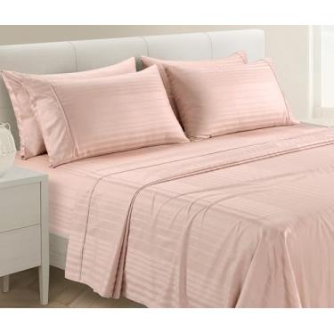 Imagem de Casa Platino Jogo de lençóis King Size 100% algodão - 6 peças (1 lençol liso, 1 elástico, 4 fronhas) - Listrado 500 fios - Conjunto de lençóis de cama de cetim ultramacio sem deslizamento 38 cm bolsos