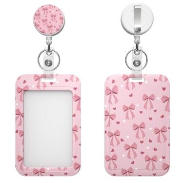 Imagem de Porta-crachá retrátil com clipe de mosquetão e chaveiro, várias opções de padrões, bonito e moderno (laço rosa)