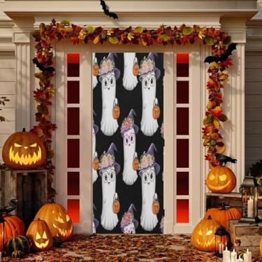 Imagem de Wassud Boo de Halloween e chapéus de flores decoração de capa de porta faixa interna externa decoração de casa de varanda grande decoração de porta da frente 96 x 98 polegadas