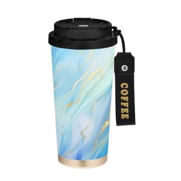 Imagem de YETTASBIN Caneca de café de mármore com isolamento térmico de 482 g com tampa canudo, copo à prova de derramamento e vazamento com alça para bebida quente e fria, garrafa de água de aço inoxidável