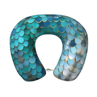 Imagem de Travesseiro leve de viagem com estampa de escama de sereia em forma de U e espuma viscoelástica para aviões
