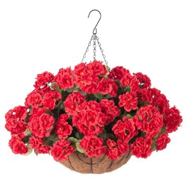 Imagem de INSPRING Cesta suspensa de flores artificiais de gerânios para decoração externa de primavera, 8 pacotes de flores de seda com aparência real resistente a UV para varanda, casa, pátio, varanda