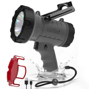 Imagem de LUTEC Lanterna holofote recarregável com LED de alto lúmens, holofotes IP67 à prova d'água recarregável portátil com 4 modos de pesquisa com suporte dobrável e filtro de luz vermelha (cinza)