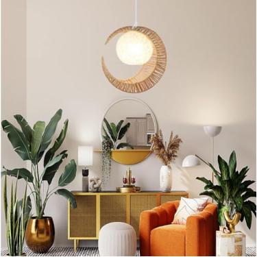 Imagem de Luminária pendente boêmia criativa em formato de lua, soquete E27, cúpula de corda de cânhamo trançada à mão, estilo campestre retrô, ideal para iluminação de ilha de cozinha, corredor, hall