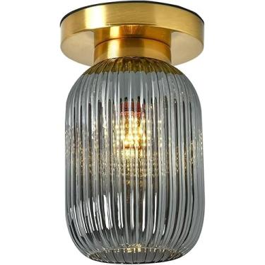 Imagem de Luminária de teto de vidro branca para entrada, com 1 lâmpada, estilo meados do século XX, cúpula cilíndrica de vidro listrado, luminária de embutir moderna para interiores, ideal para corre