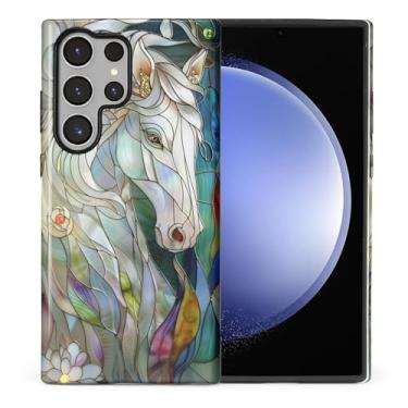 Imagem de CARLOCA Compatível com Samsung Galaxy S23 Ultra Full Body Protective Glossy Case para meninas meninos à prova de choque moda estética padrão branco cavalo 3D vitral