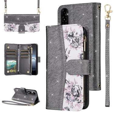 Imagem de Furiet Capa carteira floral para OnePlus Nord 5 5G com fecho de correr, alça de pulso/ombro, luxuosa, com glitter, couro PU, suporte para cartão, capa para telefone para One Plus 1 Plus 1 plus One+ 1+