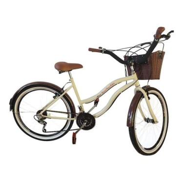 Imagem de Bicicleta Aro 26 Beach Retrô Com Cesta Vime Sintético Bege