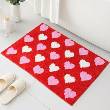 Imagem de Hallswl Tapete de banheiro vermelho para o Dia dos Namorados, rosa e branco com coração adornado macio absorvente tapete de banheiro antiderrapante lavável para decoração de cozinha de casa dos