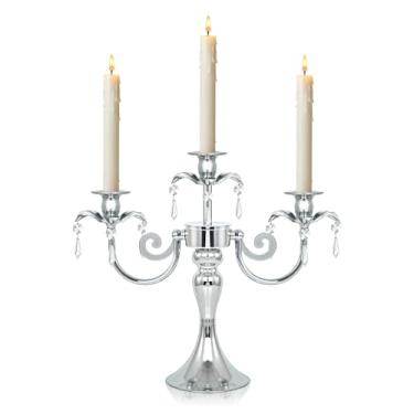 Imagem de KEHAIL Candelabro de metal de 3 braços com pingentes de cristal - Castiçais de 29 cm de altura, conjunto de 2 - Suporte elegante para castiçal cônico para casamento, mesa de jantar, decoração de casa