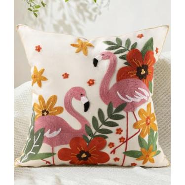 Imagem de Kokaaee Capa de almofada bordada 45,7 x 45,7 cm - Capa de almofada decorativa de primavera Boho com zíper para sofá, quarto, sala de estar, fronha, flamingos, floral