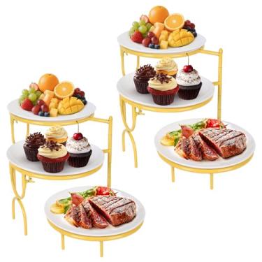 Imagem de 2 conjuntos de 3 suportes para servir em camadas com prato de porcelana branca rotativo, conjunto de mesa de sobremesa, bandejas e travessas redondas de 25 cm para bolo de frutas, biscoitos