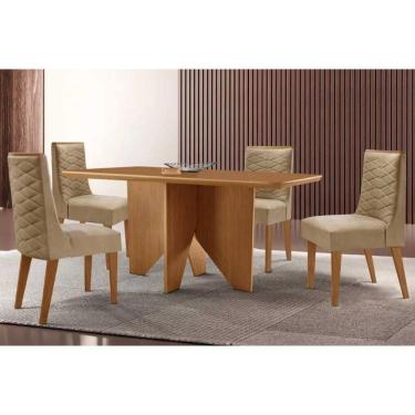 Imagem de Sala Jantar Mesa Nevada Tampo Curvo 120cm+4 Cadeiras Dafne Madeira Naturale - Capuccino/Linho Bege - Rufato