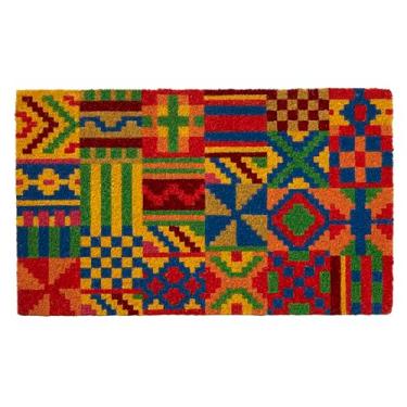Imagem de HF by LT Kente Collage Capacho 100% de fibra de coco natural, 45 x 76 cm, tapete de boas-vindas durável com suporte de PVC sem chumbo, tapete de entrada ecológico para ambientes externos e internos