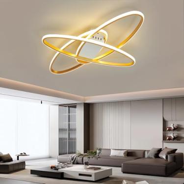 Imagem de Luminária de teto minimalista elíptica com LED dimerizável para sala de estar, quarto e escritório, com controle remoto, em acrílico moderno (dourada, 74 cm).