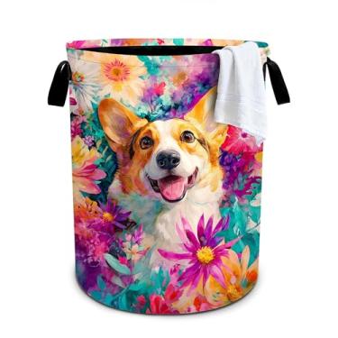 Imagem de Cesto de lavanderia com flores de cachorro, cesto de roupa dobrável, organizador de balde de roupas, 40 x 40 cm, para lavanderia/quarto/banheiro