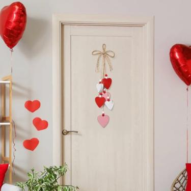 Imagem de Leinuosen Decoração de coração para pendurar no dia dos namorados, contas de madeira, placa de madeira, vermelho, rosa, branco, ornamentos de madeira, boho rústico, decoração de parede para casamento