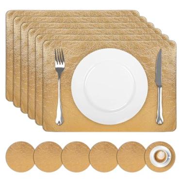 Imagem de comfoyar Jogo americano de couro sintético, conjunto de 6 com porta-copos 30,5 x 43,2 cm, antiderrapante, resistente ao calor, dourado rachado, tapetes de mesa laváveis à prova d'água para decoração