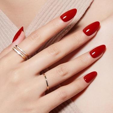 Imagem de Modelones Red Press on Nails Amêndoa, Unhas Falsas Curtas de Amêndoa de Outono, Kit de Unhas com Cola de Unha, Mini Lixa de Unha, Prensa de Unhas, 32 Peças, 16 Tamanhos, Presente Feminino para Meninas