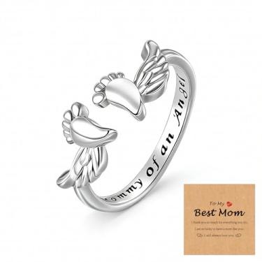 Imagem de HUASAI Anel Mommy of an Angel para mulheres, asas de anjo, mãe, mãe, amor, melhor mãe, ajustável, joia delicada, simples, presente de filha e filho, Large, Latão, Sem pedra preciosa