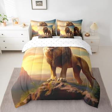 Imagem de Jogo de lençol casal de 7 peças, leão feroz, vida selvagem africana, tema animal, reversível (1 edredom 2 fronhas, 1 lençol de cima, 1 lençol com elástico e 2 fronhas)