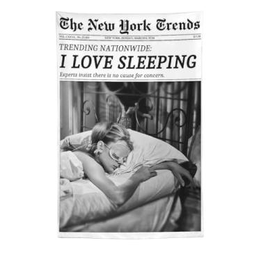 Imagem de Arte de parede de jornal vintage preto e branco I Love Sleeping Tapeçaria retrô New York Times Feminista Magazine tapeçaria de parede para casa quarto dormitório bar carrinho decoração de parede 152