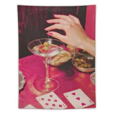 Imagem de Tapeçaria Vintage Martini Olive Poker Cartão de Pôquer Rosa Brilhante Mesa Temática Decoração Estética Chique Festa Decoração Para Sala de Estar Quarto Elegante Decoração de Lazer Ornamento 152 x 203