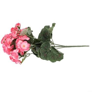 Imagem de Pano de seda e plástico gerânio ramo de flores artificiais rosa cinco ramos 36 cm buquê decorativo realista para casamento, jardim, casa, loja, cor vibrante, arranjo de plantas artificiais (rosa)