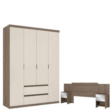 Imagem de Guarda Roupa Solteiro Nobre 4 Portas Rustic Off White Acetinado E Cabeceira Com Mesas De Cabeceira Formosa Glass - Thb