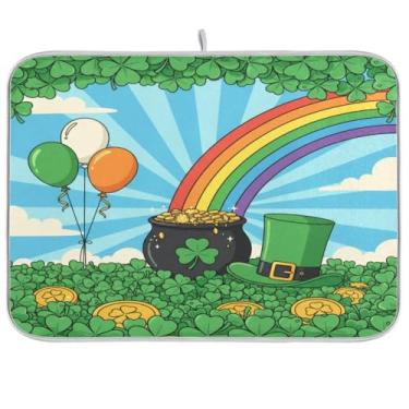 Imagem de Chapéu de duende do Dia de São Patrício Trevo Moedas Tapete de Secagem de Pratos 40,6 x 45,7 cm Almofada Absorvente Escorredor de Pratos Protetor para Cozinha Secagem Rápida