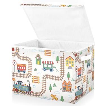 Imagem de CZXW Cesto de armazenamento de tecido de trem divertido com tampa, cesta dobrável com alças, organizador de armário de cubo de prateleira para casa e quarto