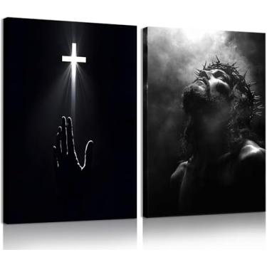 Imagem de 2 peças de retrato emoldurado de Jesus Cristo, impressão em tela cristã em preto e branco, cruz de Jesus Cristo, decoração de parede, redenção, fé, pôsteres religiosos para igreja, oração, sala de