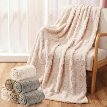 Imagem de Buryeah Pacote com 6 cobertores de lã a granel, 127 x 152 cm, cobertores de flanela xadrez 3D macios para sofá, cama, festa do pijama quente para presentes de dia dos namorados (cores neutras)